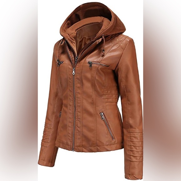 Tagoo Faux Leather Jacket Women Motorcycle Coat w/ Removable Hood Size Large - Picture 1 of 13